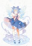 blue_eyes blue_hair bow cirno colored_eyelashes domotolain dress eyelashes flower hair_bow looking_at_viewer mary_janes necktie ribbon shoes short_hair short_sleeves smirk snowflakes socks solo touhou water white_legwear wind wings 