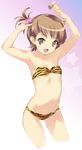  animal_print armpits arms_up bikini brown_eyes brown_hair cosplay cropped_legs flat_chest futami_ami hair_bobbles hair_ornament happy highres idolmaster idolmaster_(classic) kawata_hisashi lum lum_(cosplay) navel oni_horns open_mouth side_ponytail smile solo stretch swimsuit tiger_print urusei_yatsura 