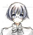  artist_request blue_eyes blue_hair blush_stickers bow eyebrows_visible_through_hair glasses hakamichi_shizune katawa_shoujo lowres simple_background sketch solo v-shaped_eyebrows white_background 