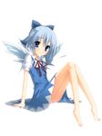  barefoot blue_eyes blue_hair blush bow cirno feet full_body ice ite_fuji legs short_hair simple_background skinny smile solo touhou wings 