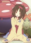  bellossom black_hair blush breasts erika_(pokemon) gen_1_pokemon gen_2_pokemon gym_leader hairband indoors japanese_clothes kimono medium_breasts messy_hair nakamura_sandayo open_mouth pokemon pokemon_(creature) pokemon_(game) pokemon_frlg short_hair sitting vileplume 