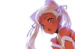  animal_ears bare_shoulders blush cat_ears copyright_request dark_skin from_behind grey_eyes hair_over_shoulder hair_pulled_back hair_ribbon kawata_hisashi lace long_hair looking_at_viewer looking_down open_mouth portrait ribbon simple_background slit_pupils solo strap_slip twintails white_background white_hair 