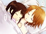  1girl ^_^ antenna_hair bangs bed closed_eyes genderswap genderswap_(mtf) hand_on_another's_chest hetero koizumi_itsuki kyonko laco_(sparekey) long_hair pillow ponytail saliva shared_blanket shirtless sidelocks sleeping suzumiya_haruhi_no_yuuutsu under_covers 