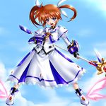  blue_eyes boots brown_hair fingerless_gloves flying gao_(naodayo) gloves hair_ribbon highres left-handed lyrical_nanoha mahou_shoujo_lyrical_nanoha mahou_shoujo_lyrical_nanoha_the_movie_1st raising_heart ribbon short_twintails solo takamachi_nanoha twintails 