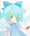  blue_eyes blue_hair bow cirno food keimari popsicle short_hair solo touhou watermelon_bar wings 