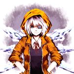  1girl alternate_costume bad_id bad_pixiv_id cirno contemporary eyepatch grin hal360 hands_in_pockets hood hooded_jacket jacket sleeves_pushed_up smile solo touhou 