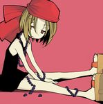  bandana beads blonde_hair brown_eyes brown_hair dowman_sayman dress jewelry kyouyama_anna necklace sandals shaman_king short_hair simple_background solo 