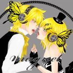  1girl aqua_eyes bad_id bad_pixiv_id blonde_hair brother_and_sister butterfly_wings face-to-face fingerless_gloves gloves hair_ornament hairclip headphones incest kagamine_len kagamine_rin lowres magnet_(vocaloid) nail_polish saliva saliva_trail short_hair siblings twincest twins vocaloid wings yellow_nails zanichi 