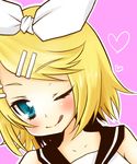  ;q bad_id bad_pixiv_id blonde_hair blue_eyes close-up hair_ornament hair_ribbon hairclip kagamine_rin miyata_waltz one_eye_closed ribbon short_hair smile solo tongue tongue_out vocaloid 