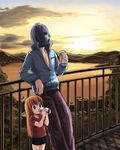  1girl balaclava beidan brown_hair can carrot_juice child commentary_request drinking long_hair open_clothes open_shirt original scenery shirt shorts sunset 