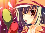  bakemonogatari blush cabbie_hat hat monogatari_(series) one_eye_closed orange_eyes sengoku_nadeko short_hair snake solo tongue yuku_(kiollion) 