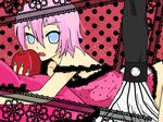  androgynous apple bed black_skin blue_eyes blue_nails crona_(soul_eater) food fruit gloves hair_between_eyes lingerie lying makenshi_chrona nail_polish off_shoulder on_bed on_stomach open_mouth pajamas panties parody pillow pink_hair ragnarok_(demon_sword) romeo_and_cinderella_(vocaloid) romeo_to_cinderella_(vocaloid) short_hair soul_eater spikes strap_slip striped striped_gloves underwear vocaloid wristband 