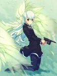  angelos_armas bad_id bad_pixiv_id blue_hair dress feathers gun henri is_ii kneeling long_hair pantyhose red_eyes solo weapon wings 