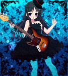  akiyama_mio bad_id bad_pixiv_id bangs bass_guitar black_hair blue_eyes blue_legwear blunt_bangs don't_say_&quot;lazy&quot; dress elbow_gloves facepaint fingerless_gloves gloves hat instrument k-on! kay_(utd) long_hair mini_hat mini_top_hat pantyhose single_glove solo striped top_hat 