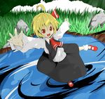  abe_takakazu ahoge bad_id bad_pixiv_id blonde_hair hair_ribbon kuso_miso_technique nanairo_neru outstretched_arms red_eyes ribbon rumia solo spread_arms touhou water when_you_see_it 