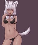  animal_ears bikini dark_skin finger_to_mouth fox_ears fox_tail kou_(garakuta_teikoku) naughty_face original pinky_out silver_hair solo swimsuit tail tongue 