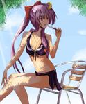  alternate_hairstyle bikini chair crescent crescent_hair_ornament day food front-tie_top hair_ornament jewelry light_rays long_hair necklace patchouli_knowledge ponytail popsicle purple_eyes purple_hair purple_sarong ram_hachimin sarong sitting solo summer sunbeam sunlight swimsuit touhou tree_shade very_long_hair 
