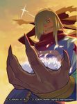  2008 blonde_hair claws foreshortening grin hair_over_one_eye hands ishikawa_hideki long_hair male_focus oversized_limbs scarf smile solo star tengen_toppa_gurren_lagann viral watermark 