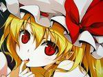 blonde_hair close-up face finger_to_mouth flandre_scarlet hat nail_polish one_side_up red_eyes red_nails reina_(black_spider) solo touhou wallpaper 