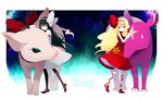  blonde_hair blue_eyes dress green_hair kintaro long_hair multiple_girls orange_eyes pig pixiv pixiv_shadow tapir 