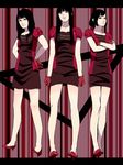  bangs black_hair blunt_bangs dress fashion heterochromia high_heels highres legs multiple_girls murata_(bakeneko_soudou) perfume red_eyes shoes short_dress 