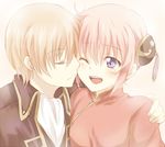  1girl blush brown_hair bun_cover china_dress chinese_clothes closed_eyes couple double_bun dress gintama hetero kagura_(gintama) maruki_(punchiki) okita_sougo one_eye_closed pink_hair purple_eyes 