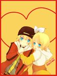  1boy 1girl aqua_eyes blonde_hair blush border casual earrings hair_ornament hair_ribbon hairclip holding_hands hood hoodie jewelry juvenile_(vocaloid) kagamine_len kagamine_rin red_border ribbon short_hair vocaloid 