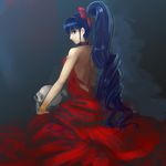  back backless_dress backless_outfit bare_back bare_shoulders blue_eyes blue_hair collar dress glasses itoshiki_rin ldl long_hair looking_back ponytail red_dress ribbon sayonara_zetsubou_sensei sitting skull solo very_long_hair 