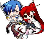  1girl bad_id bad_pixiv_id bikini_top chibi fingerless_gloves gloves gun kamina katana long_hair osomatsu_(nanameno) ponytail red_eyes red_hair sarashi shirtless short_hair sword tengen_toppa_gurren_lagann thighhighs very_long_hair weapon yoko_littner zettai_ryouiki 