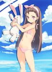  bikini bunny day flat_chest hair_ribbon highres idolmaster idolmaster_(classic) kawata_hisashi long_hair minase_iori ribbon solo stuffed_animal stuffed_bunny stuffed_toy swimsuit 