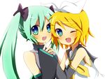  aqua_eyes aqua_hair bad_id bad_pixiv_id blonde_hair detached_sleeves hair_ribbon hatsune_miku kagamine_rin long_hair manio multiple_girls one_eye_closed ribbon short_hair simple_background smile twintails vocaloid 