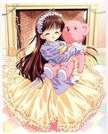  ^_^ ^o^ bear brown_hair closed_eyes dress fireplace frilled_skirt frilled_sleeves frills hairband indoors karen_(sister_princess) lolita_hairband long_hair scan sister_princess sitting skirt solo stuffed_animal stuffed_toy teddy_bear tenhiro_naoto 