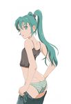  ass back bad_id bad_pixiv_id camisole denim dressing flat_chest green_eyes green_hair green_panties hatsune_miku highres jeans long_hair looking_back midriff panties pants pants_pull pulled_by_self shiika_sadamasa solo standing striped striped_panties twintails underwear undressing very_long_hair vocaloid 