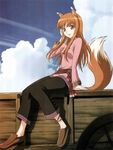  absurdres animal_ears anklet artist_request brown_hair cloud day highres holo jewelry long_hair no_socks official_art red_eyes scan scan_artifacts sitting sky solo spice_and_wolf tail wolf_ears 