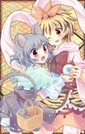  animal_ears basket bishamonten's_pagoda hair_ornament mouse mouse_ears mouse_tail multicolored_hair multiple_girls nazrin oimo red_eyes shawl short_hair tail toramaru_shou touhou yellow_eyes 