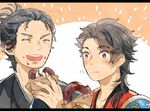  armor black_hair brown_hair closed_eyes doughnut eating food food_on_face getiao haori japanese_armor japanese_clothes jin_(manga) kimono letterboxed long_hair lowres male_focus multiple_boys mutsu-no-kami_yoshiyuki open_mouth sakamoto_ryouma_(jin) shoulder_armor sode touken_ranbu 