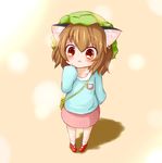  animal_ears brown_eyes brown_hair cat_ears chen earrings fang hat jewelry kindergarten_uniform kisa_(k_isa) looking_at_viewer name_tag no_tail open_mouth short_hair solo touhou younger 
