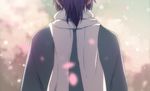  blurry cherry_blossoms depth_of_field from_behind haori japanese_clothes male_focus nuriko-kun purple_hair solo touken_ranbu yamato-no-kami_yasusada 