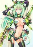  armor arms_up bangs black_gloves bodysuit bracer breasts center_opening cleavage commentary contrapposto cowboy_shot english_commentary faulds gloves green_bodysuit green_hair green_heart headgear high_ponytail highres holding holding_weapon jpeg_artifacts large_breasts light_smile long_hair looking_at_viewer magical_girl navel neon_trim neptune_(series) polearm ponytail power_symbol purple_eyes simple_background solo spear standing sxbzero symbol-shaped_pupils turtleneck very_long_hair weapon 