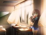  bow brown_hair chalkboard curtains desk green_eyes hair_ornament hairclip highres letter light_particles looking_at_viewer love_letter original school_uniform skirt solo wataru_(nextlevel) wind window 
