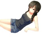  black_hair blush long_hair orange_eyes original shirt shorts slim_legs solo t-shirt uttt 