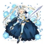  :t bare_shoulders blonde_hair blue_eyes crown dress drill_hair head_wings kai-ri-sei_million_arthur long_hair looking_at_viewer million_arthur_(series) official_art pout smile solo sword thighhighs twintails ume_(plumblossom) very_long_hair weapon 