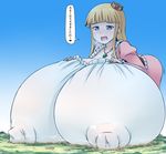  blue_eyes blush breasts crown destruction erect_nipples giantess gigantic_breasts heart heart-shaped_pupils nipples princess symbol-shaped_pupils terada_ochiko translation_request 