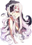  absurdly_long_hair aku_(unleashed) artist_request bandages bent_over breasts cleavage full_body hair_between_eyes hair_over_breasts long_hair medium_breasts monster nude red_eyes sidelocks smile solo tattoo transparent_background unleashed very_long_hair white_hair 