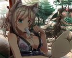  animal_ears blonde_hair blush breasts dog_days fang food fox_ears fox_tail green_eyes highres ice_cream japanese_clothes large_breasts ponytail popsicle re:n_ne solo sweat tail yukikaze_panettone 