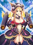  1girl bare_shoulders blonde_hair blush breasts cleavage cleavage_cutout green_eyes hat ichiban_renga long_hair mecha_musume midriff navel open_mouth smile solo sword thighhighs 