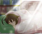  ahoge bookshelf brown_hair closed_eyes futon image_sample indoors kantai_collection light_particles light_rays pillow shigure_(kantai_collection) sleeping solo twitter_sample under_covers wataru_(nextlevel) 