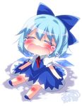  2015 bad_id bad_pixiv_id blue_dress blue_hair blush bow cirno closed_eyes crying dated dress hair_bow ice ice_wings mikazuki_sara open_mouth puffy_short_sleeves puffy_sleeves shirt short_sleeves sitting solo touhou wavy_mouth wings 