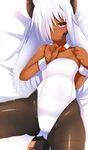  bare_arms bare_shoulders black_legwear blush bunnysuit dark_skin dragon_girl dragon_horns dragon_tail hair_over_one_eye highres horns leotard long_hair looking_at_viewer lying on_back original pantyhose red_eyes scales silver_hair solo souma_(ordures) tail tan very_long_hair wrist_cuffs 