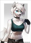  2015 anthro belt canine clothing collar cyan_eyes female fingerless_gloves fur gloves looking_at_viewer mammal melloque pants smile solo sports_bra white_fur white_wolf wolf 